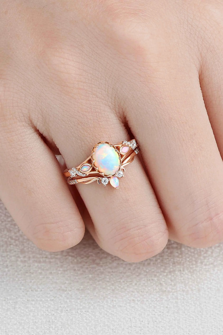 Unique Oval Cut Natural Opal Flora Bezel Inlaid Gemstone Ring Set 2pcs