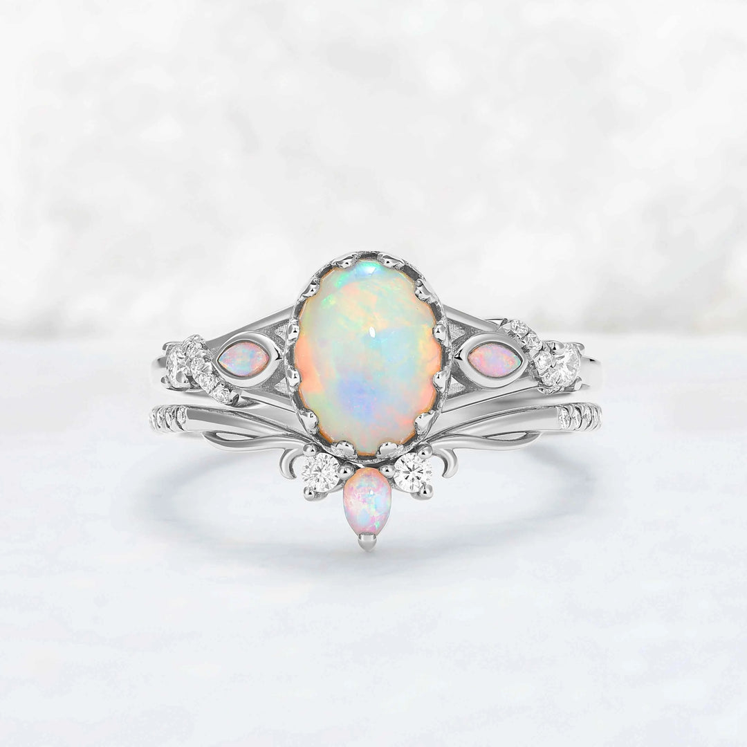 Unique Oval Cut Natural Opal Flora Bezel Inlaid Gemstone Ring Set 2pcs