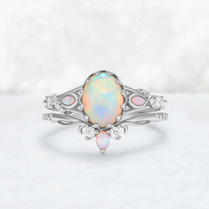 Unique Oval Cut Natural Opal Flora Bezel Inlaid Gemstone Ring Set 2pcs