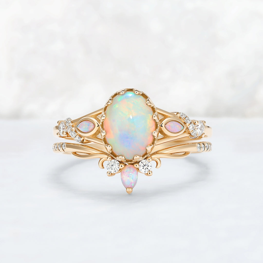 Unique Oval Cut Natural Opal Flora Bezel Inlaid Gemstone Ring Set 2pcs