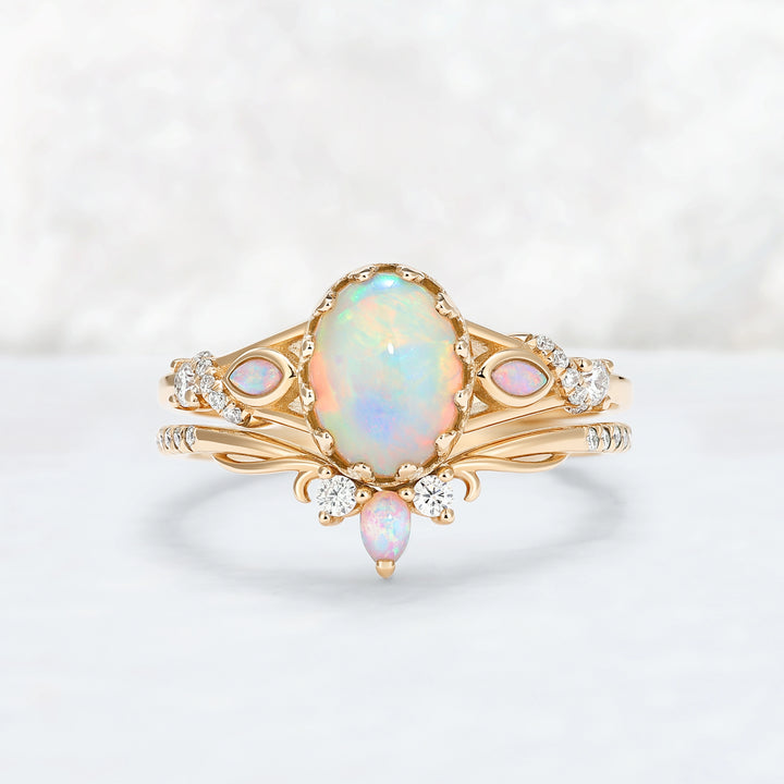 Unique Oval Cut Natural Opal Flora Bezel Inlaid Gemstone Ring Set 2pcs