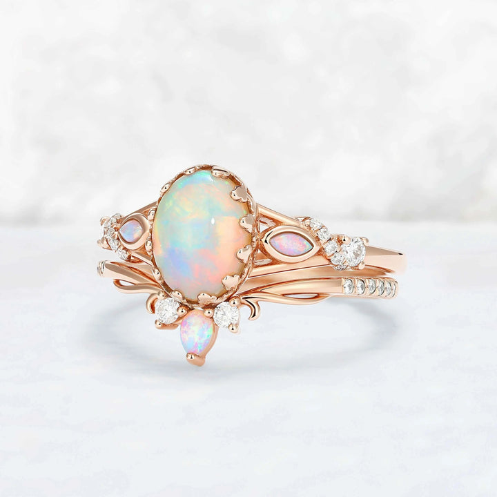 Unique Oval Cut Natural Opal Flora Bezel Inlaid Gemstone Ring Set 2pcs