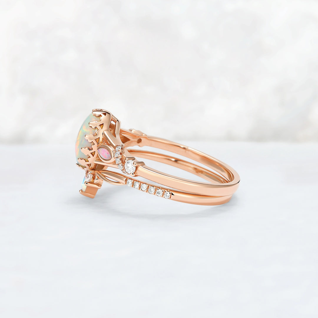 Unique Oval Cut Natural Opal Flora Bezel Inlaid Gemstone Ring Set 2pcs