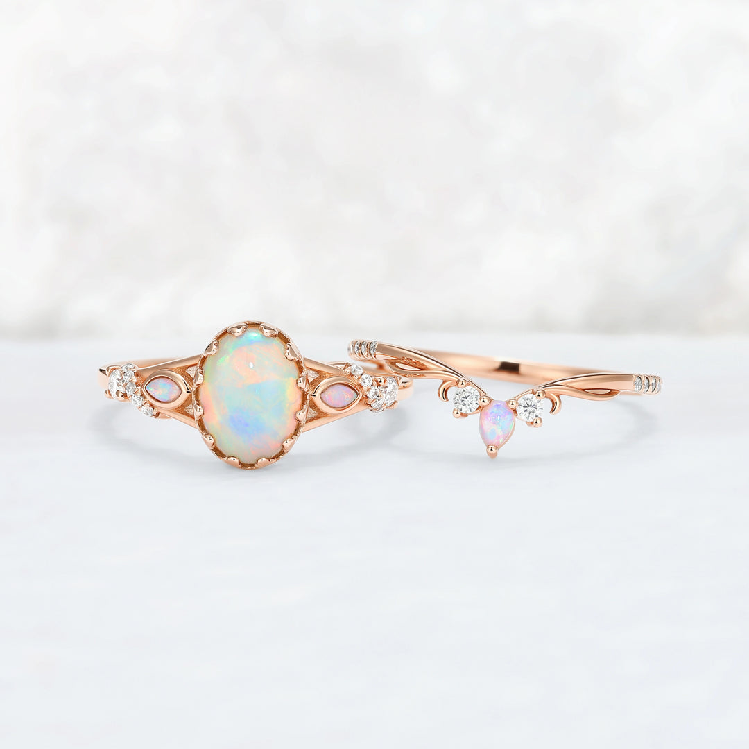 Unique Oval Cut Natural Opal Flora Bezel Inlaid Gemstone Ring Set 2pcs