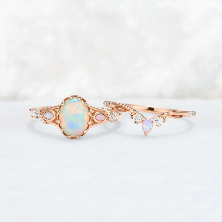 Unique Oval Cut Natural Opal Flora Bezel Inlaid Gemstone Ring Set 2pcs