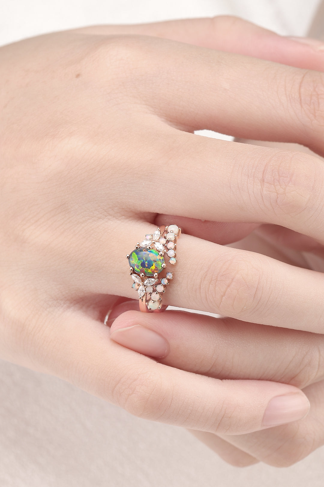 Unique Oval Cut Opal Cluster Gemstone Ring Set 2pcs