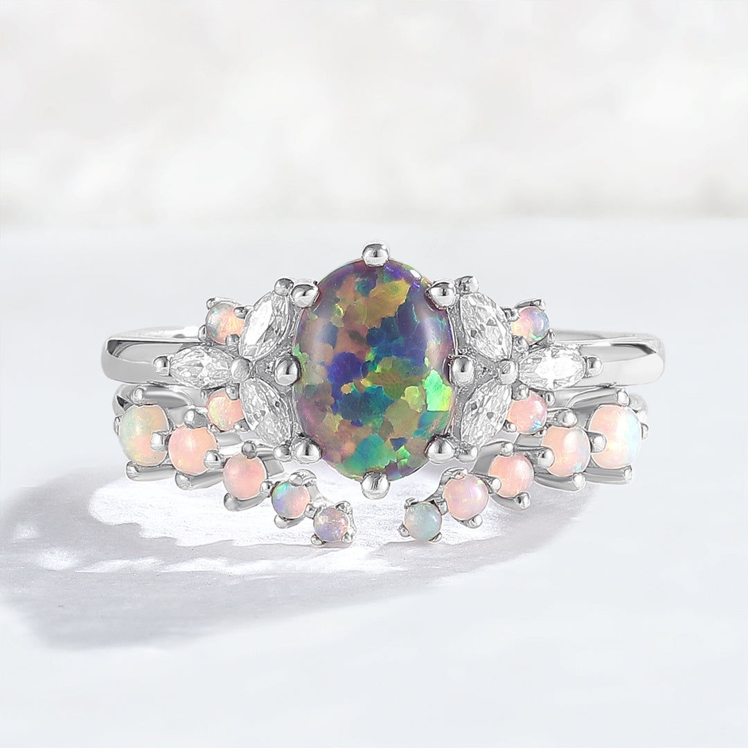 Unique Oval Cut Opal Cluster Gemstone Ring Set 2pcs