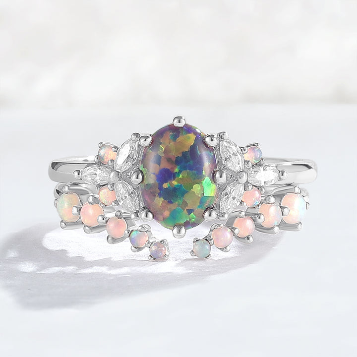 Unique Oval Cut Opal Cluster Gemstone Ring Set 2pcs