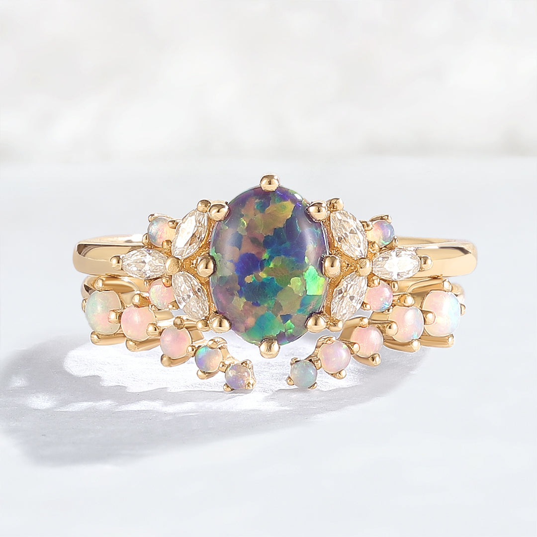 Unique Oval Cut Opal Cluster Gemstone Ring Set 2pcs