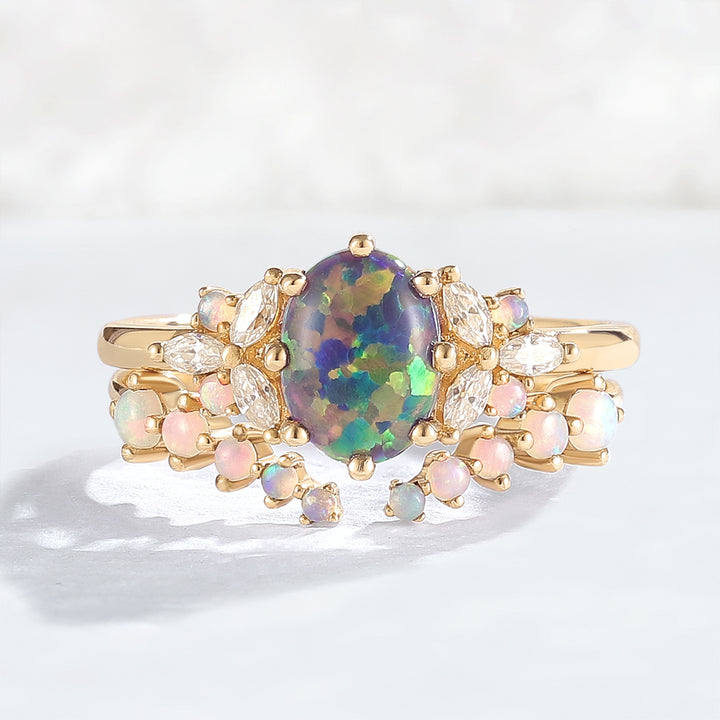 Unique Oval Cut Opal Cluster Gemstone Ring Set 2pcs