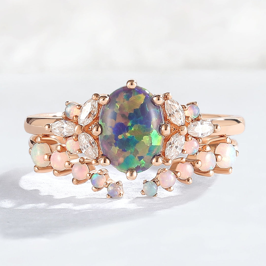 Unique Oval Cut Opal Cluster Gemstone Ring Set 2pcs