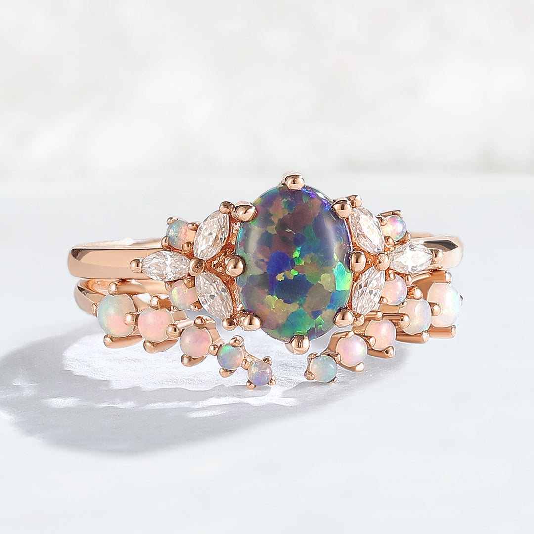 Unique Oval Cut Opal Cluster Gemstone Ring Set 2pcs