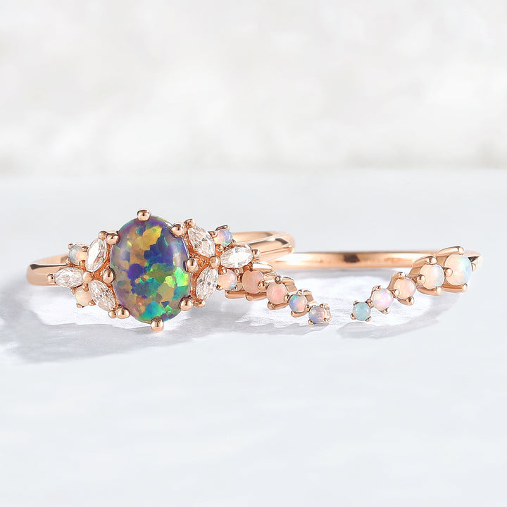 Unique Oval Cut Opal Cluster Gemstone Ring Set 2pcs