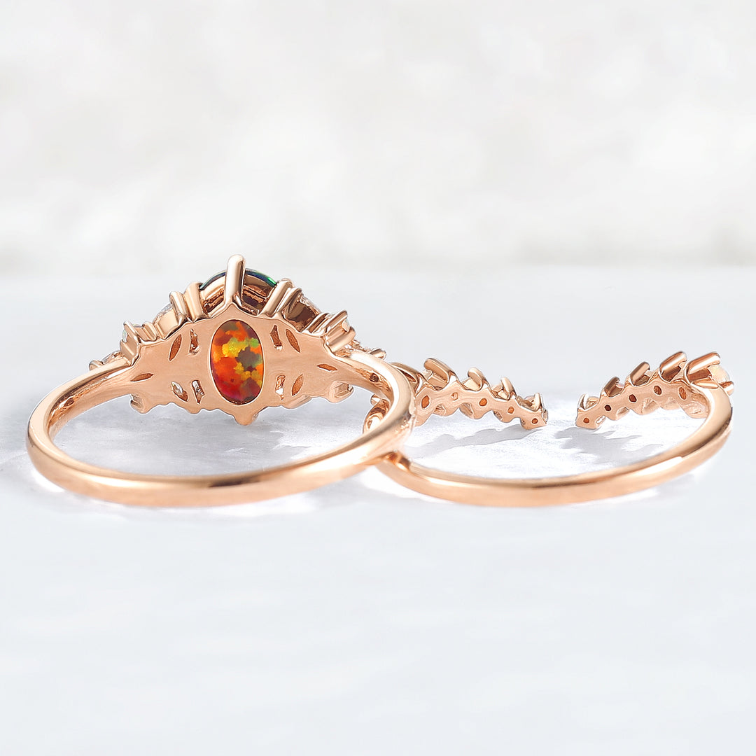 Unique Oval Cut Opal Cluster Gemstone Ring Set 2pcs