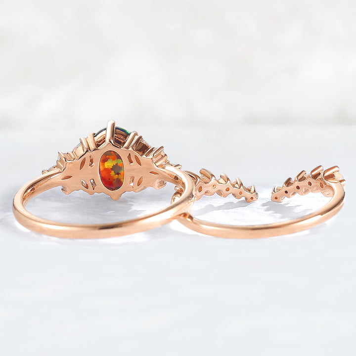 Unique Oval Cut Opal Cluster Gemstone Ring Set 2pcs