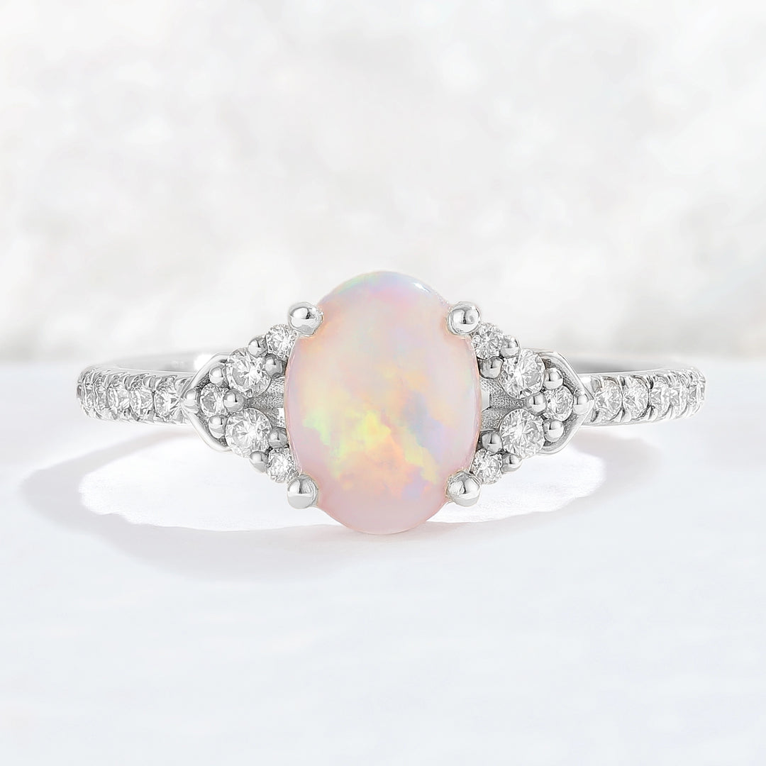 Unique Oval Cut Opal Timeless Half Enternity Gemstone Ring