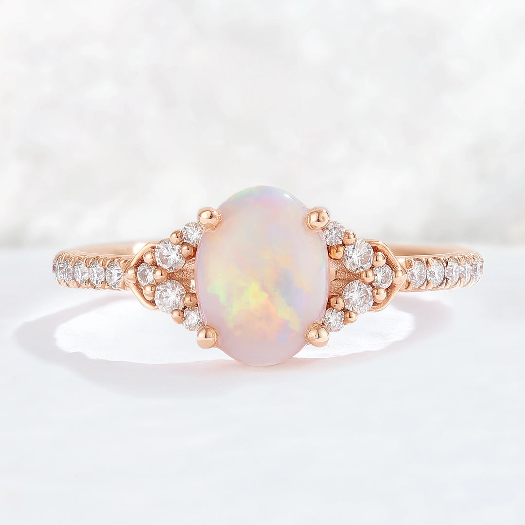 Unique Oval Cut Opal Timeless Half Enternity Gemstone Ring