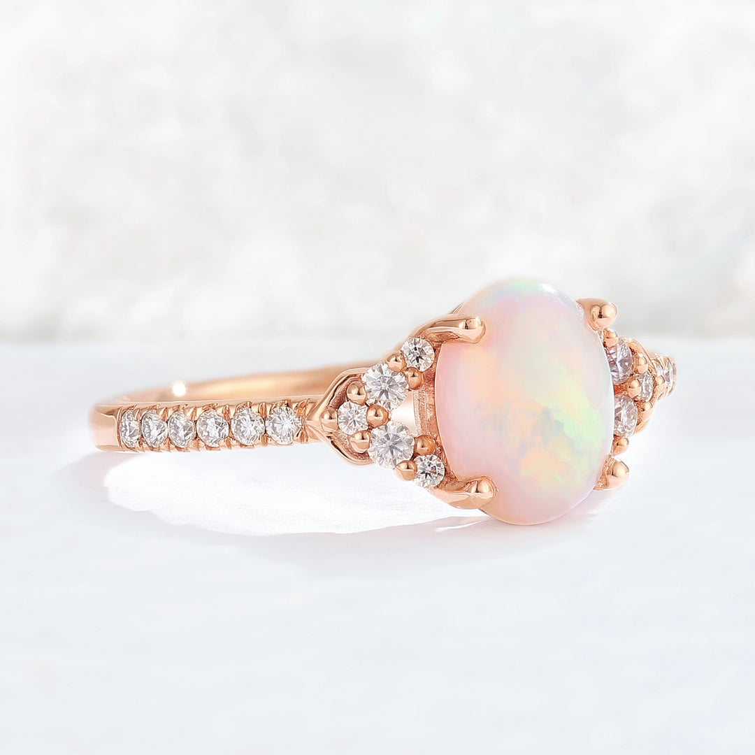 Unique Oval Cut Opal Timeless Half Enternity Gemstone Ring