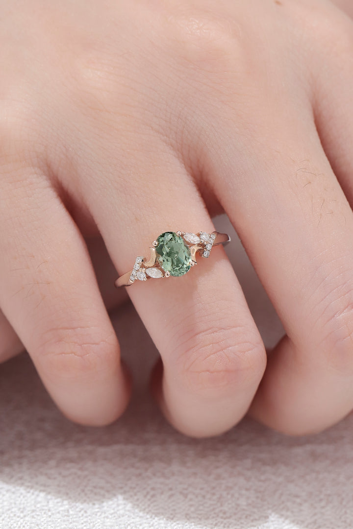 Unique Oval Green Sapphire Moon Gemstone Ring