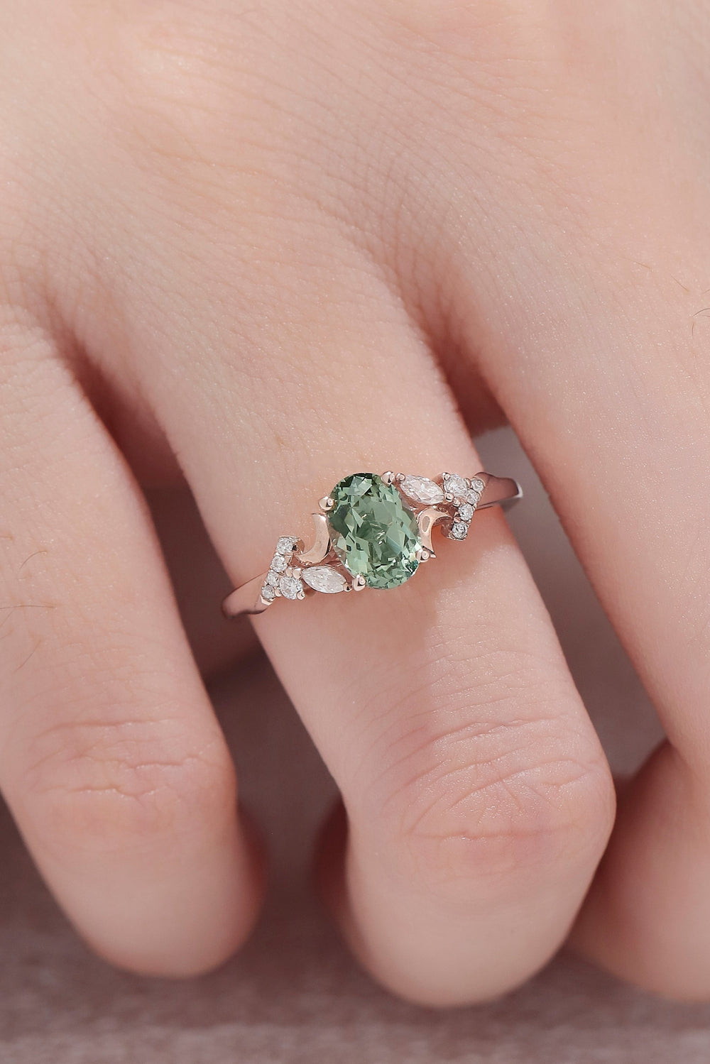 Unique Oval Green Sapphire Moon Engagement Ring-1