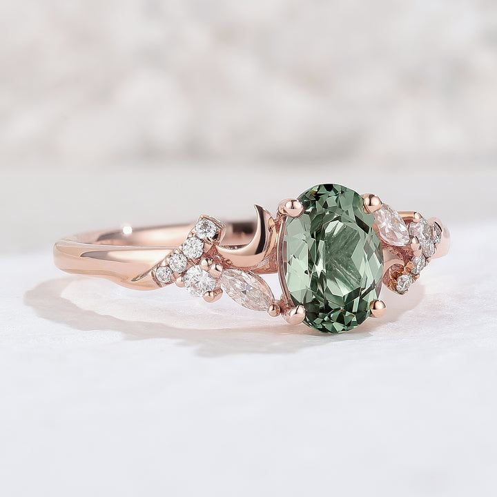 Unique Oval Green Sapphire Moon Engagement Ring
