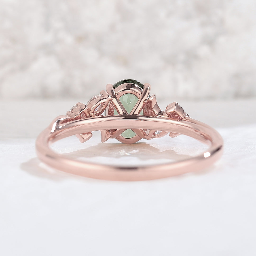 Unique Oval Green Sapphire Moon Engagement Ring