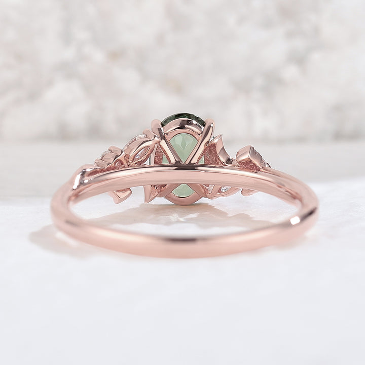 Unique Oval Green Sapphire Moon Engagement Ring