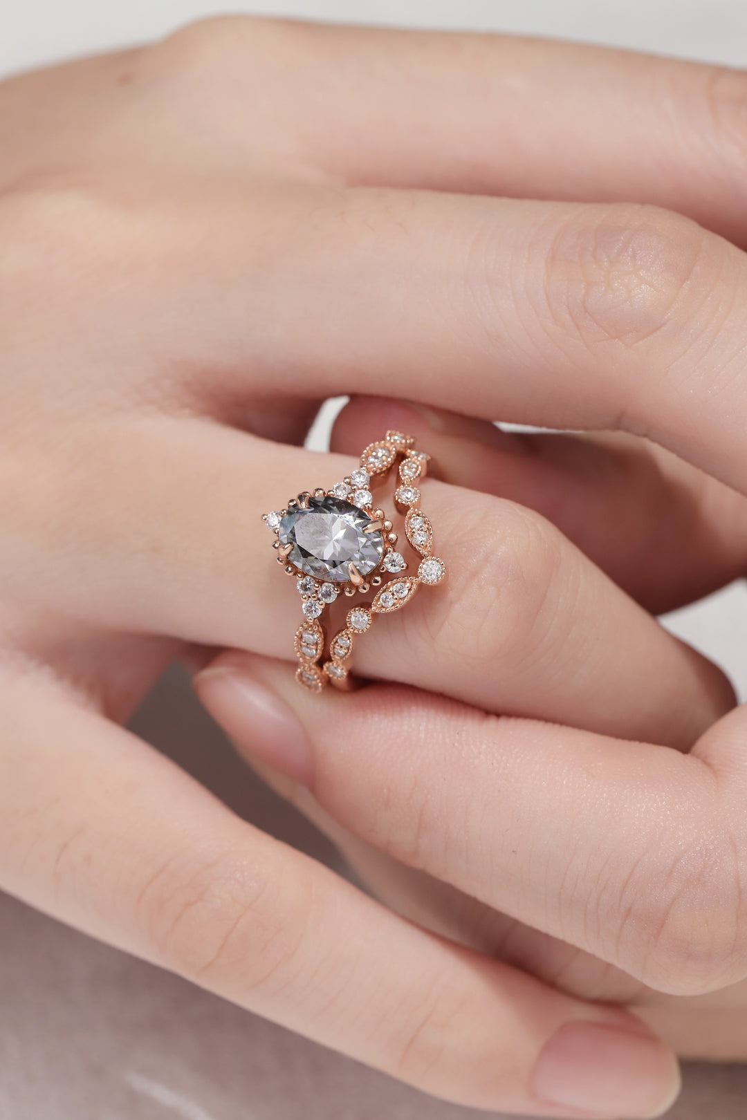 Unique Oval Grey Moissanite Milgrain Pave Band Gemstone Ring Set 2pcs