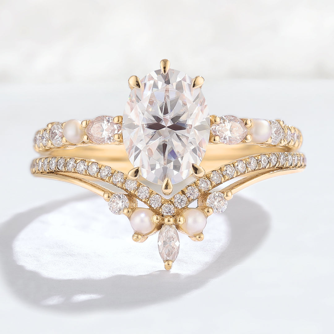 Unique Oval Moissanite Half Enternity Gemstone Ring Set 2pcs