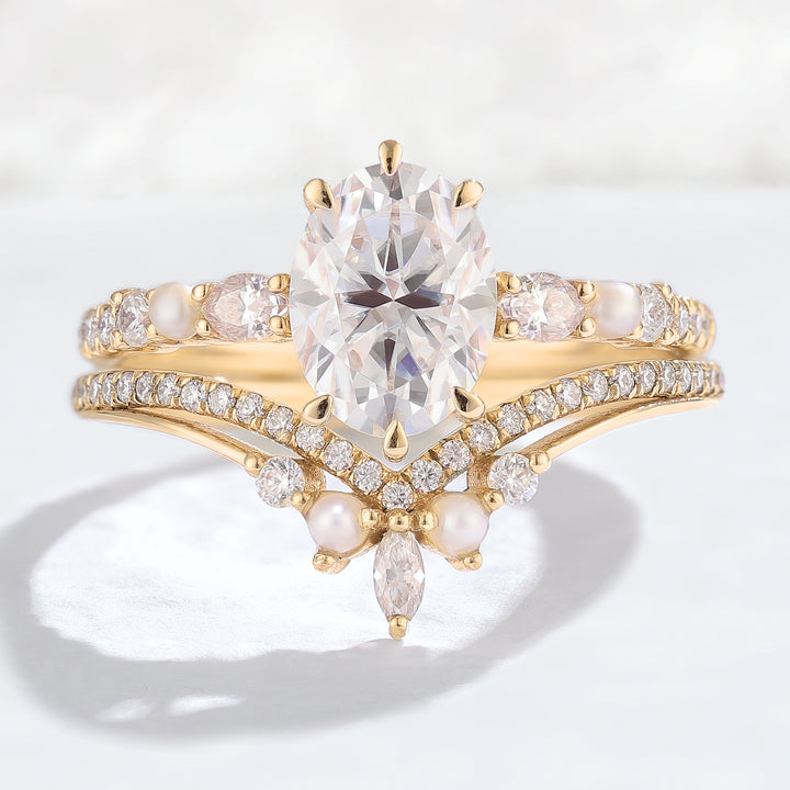 Unique Oval Moissanite Half Enternity Gemstone Ring Set 2pcs