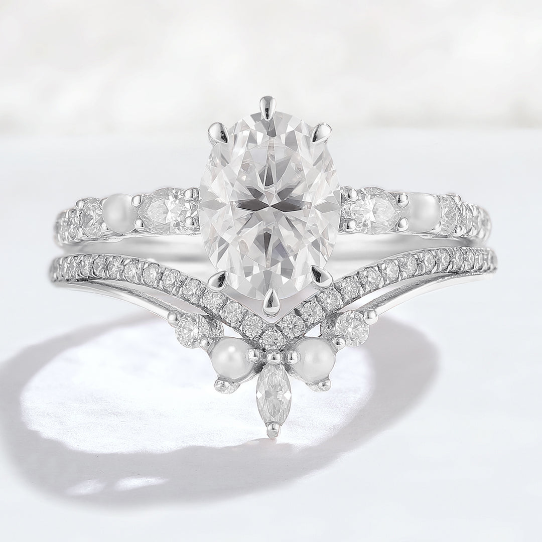 Unique Oval Moissanite Half Enternity Gemstone Ring Set 2pcs