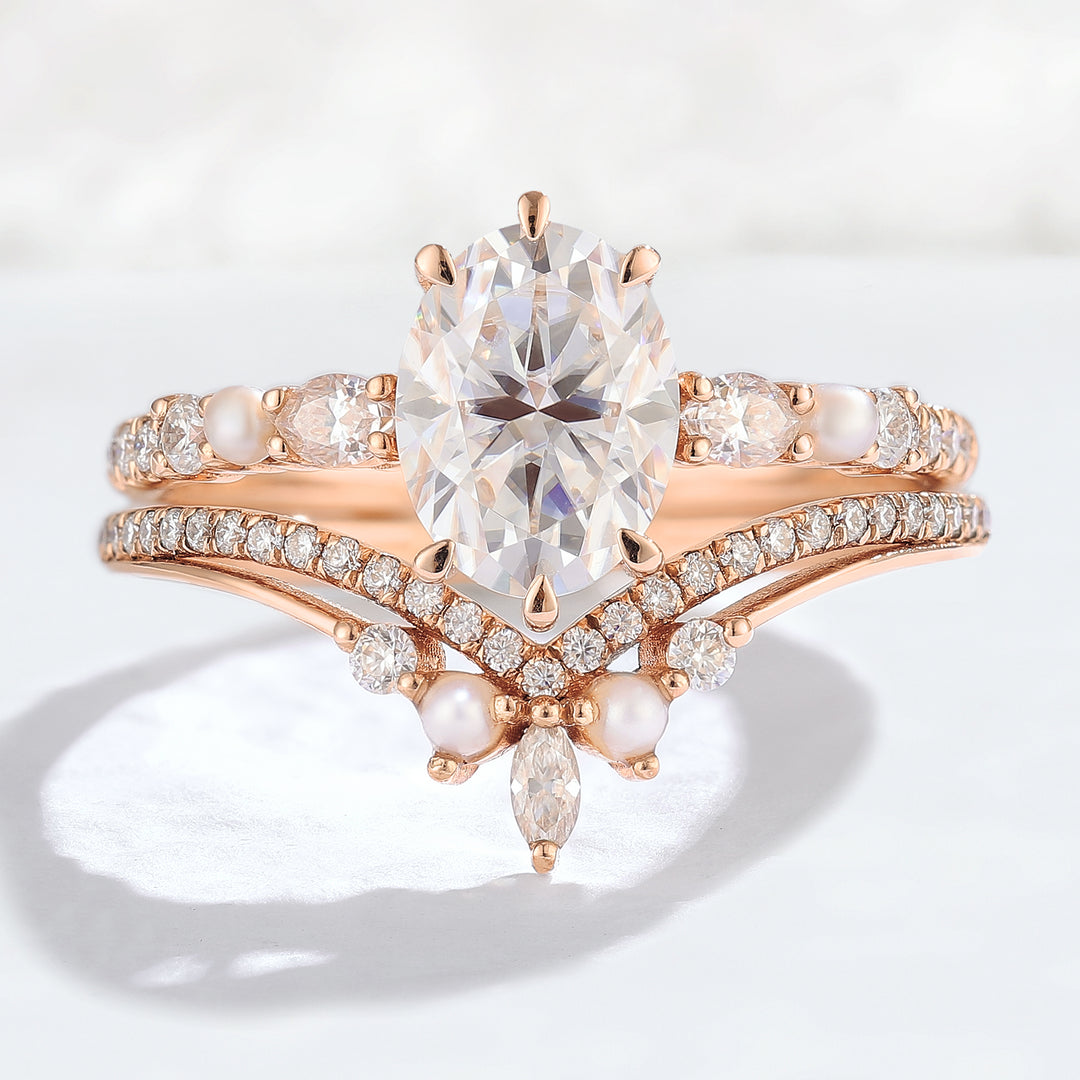 Unique Oval Moissanite Half Enternity Gemstone Ring Set 2pcs