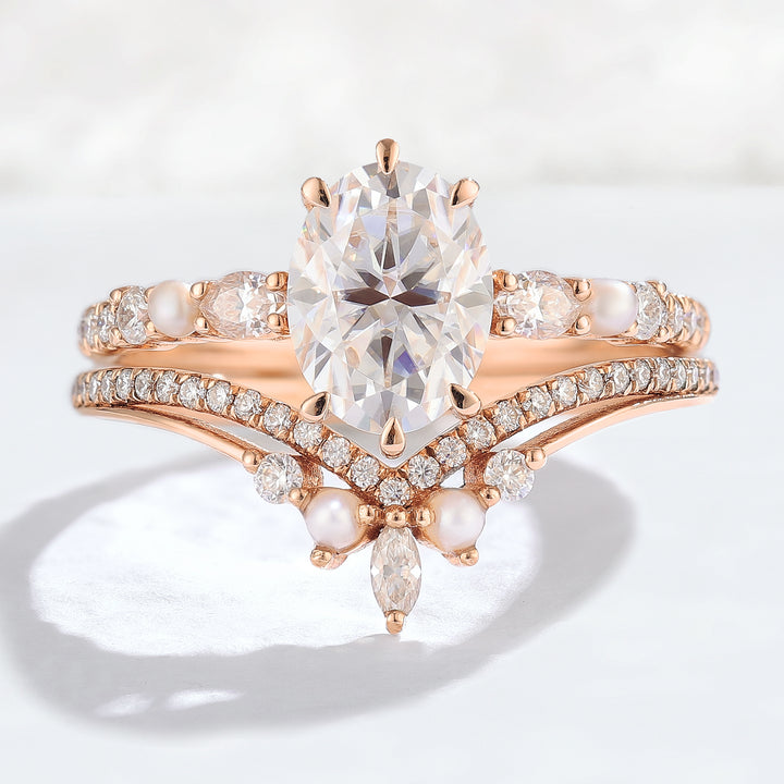 Unique Oval Moissanite Half Enternity Gemstone Ring Set 2pcs