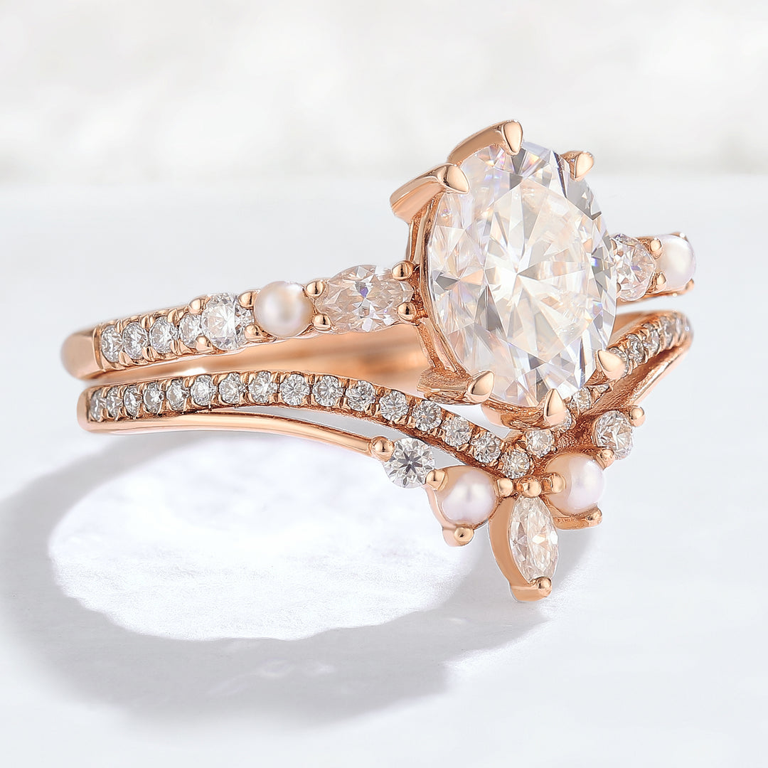 Unique Oval Moissanite Half Enternity Gemstone Ring Set 2pcs