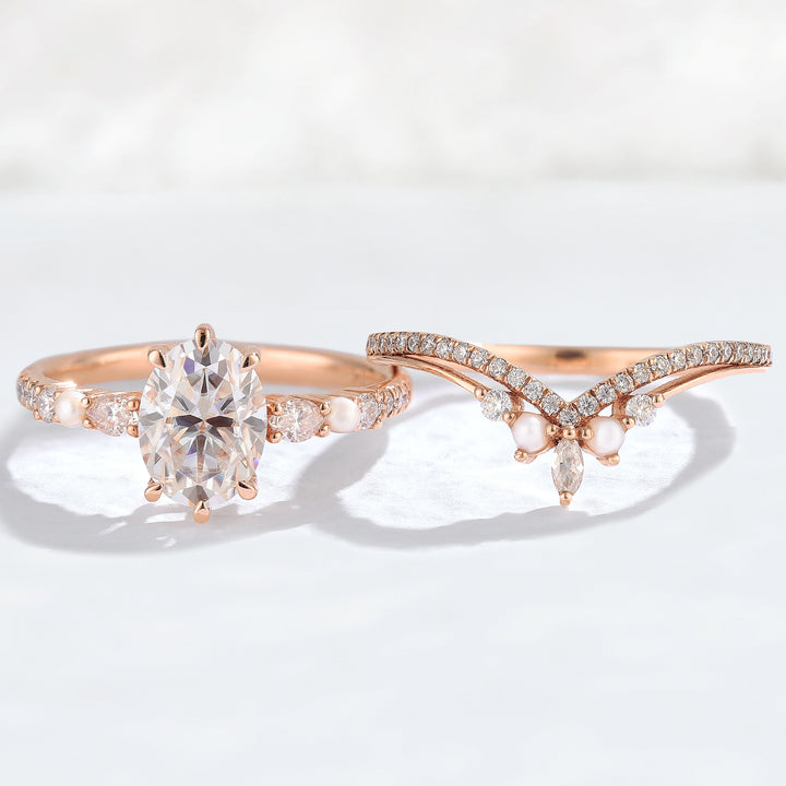 Unique Oval Moissanite Half Enternity Gemstone Ring Set 2pcs