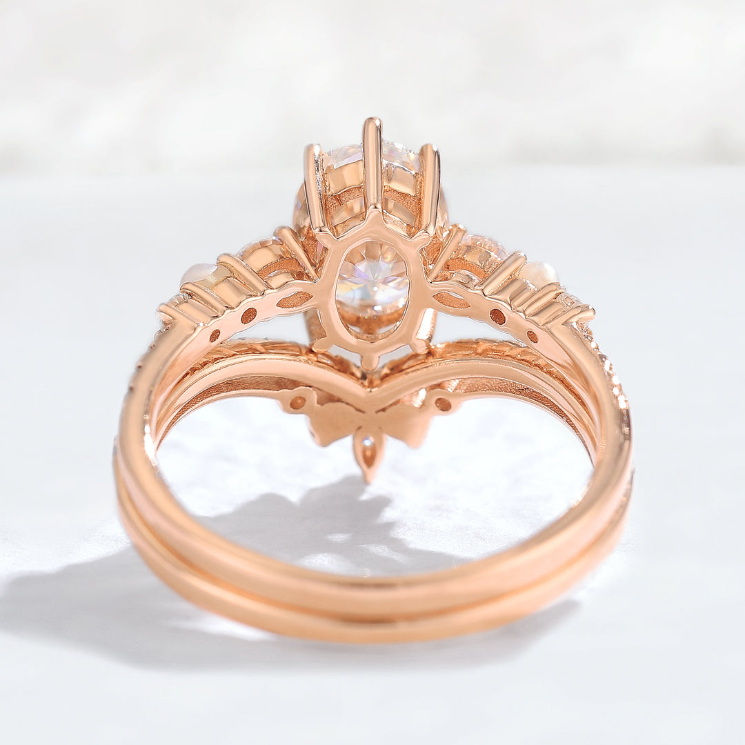 Unique Oval Moissanite Half Enternity Gemstone Ring Set 2pcs