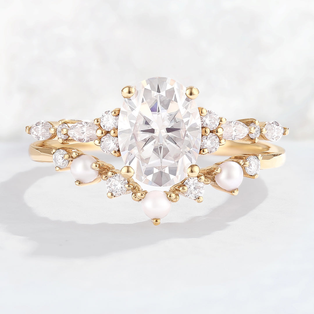 Unique Oval Moissanite Pearl Gemstone Ring Set 2pcs