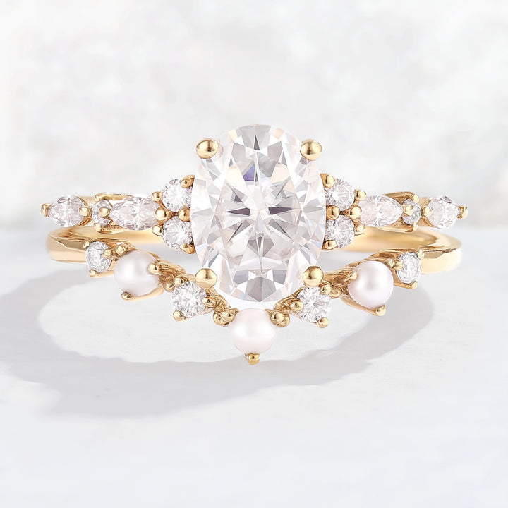 Unique Oval Moissanite Pearl Gemstone Ring Set 2pcs
