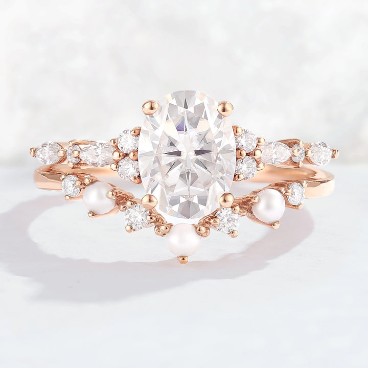Unique Oval Moissanite Pearl Gemstone Ring Set 2pcs