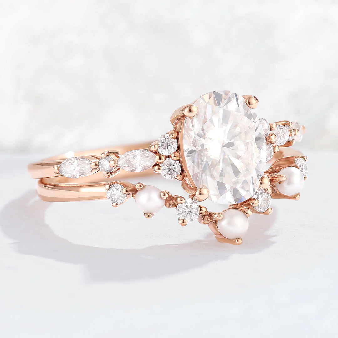 Unique Oval Moissanite Pearl Gemstone Ring Set 2pcs