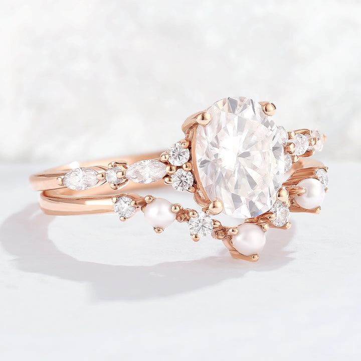 Unique Oval Moissanite Pearl Gemstone Ring Set 2pcs