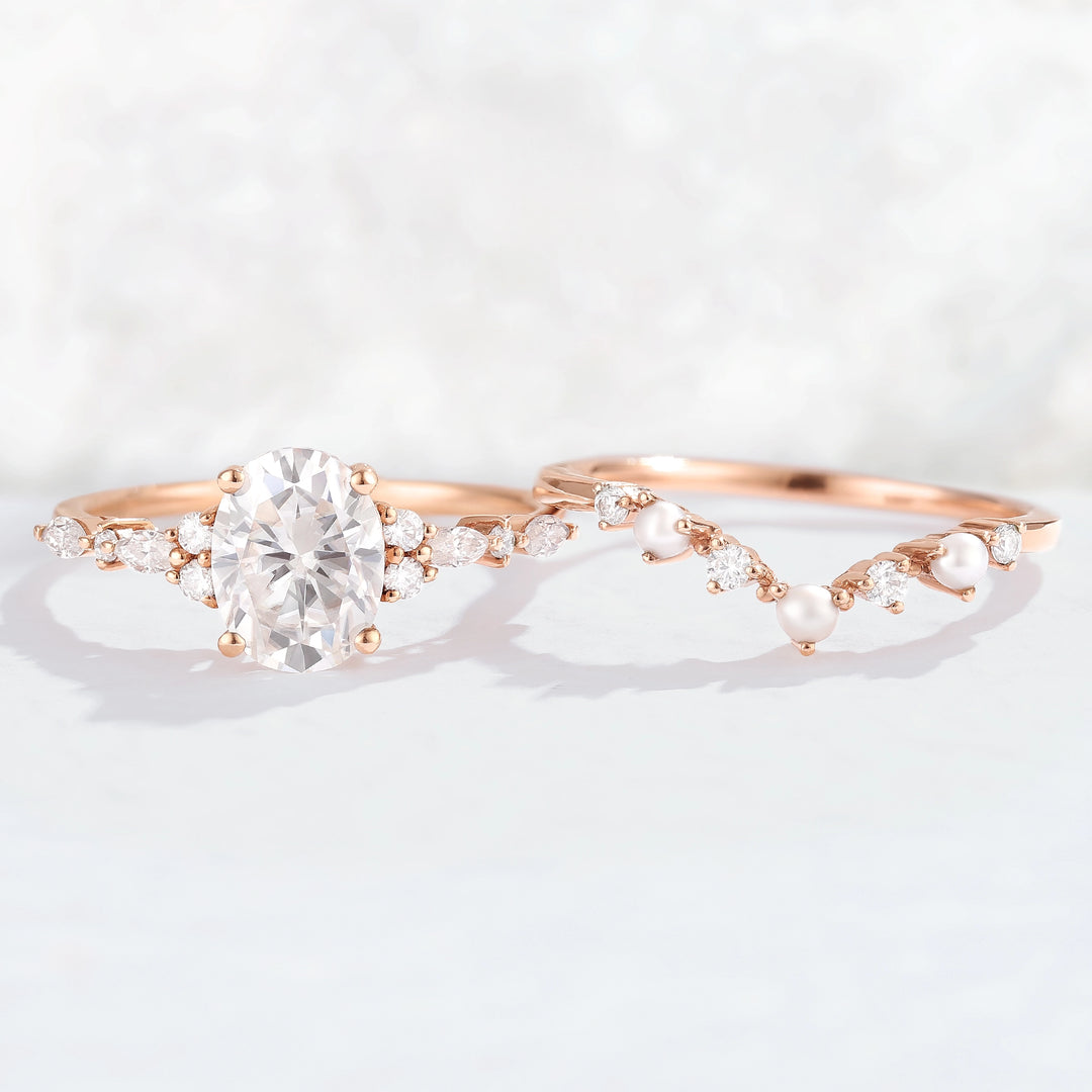 Unique Oval Moissanite Pearl Gemstone Ring Set 2pcs