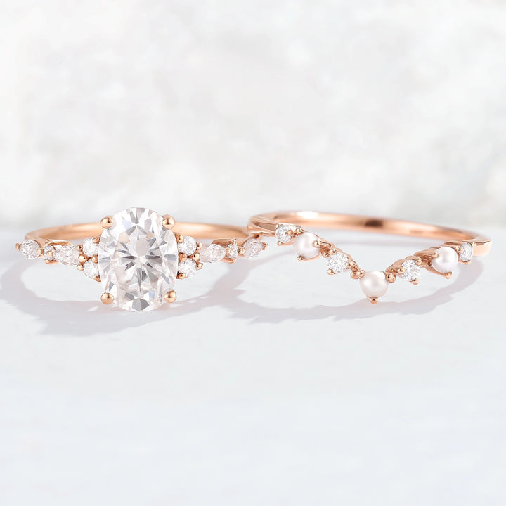 Unique Oval Moissanite Pearl Gemstone Ring Set 2pcs