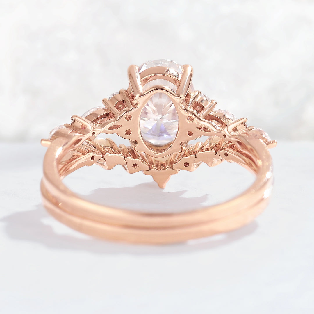 Unique Oval Moissanite Pearl Gemstone Ring Set 2pcs