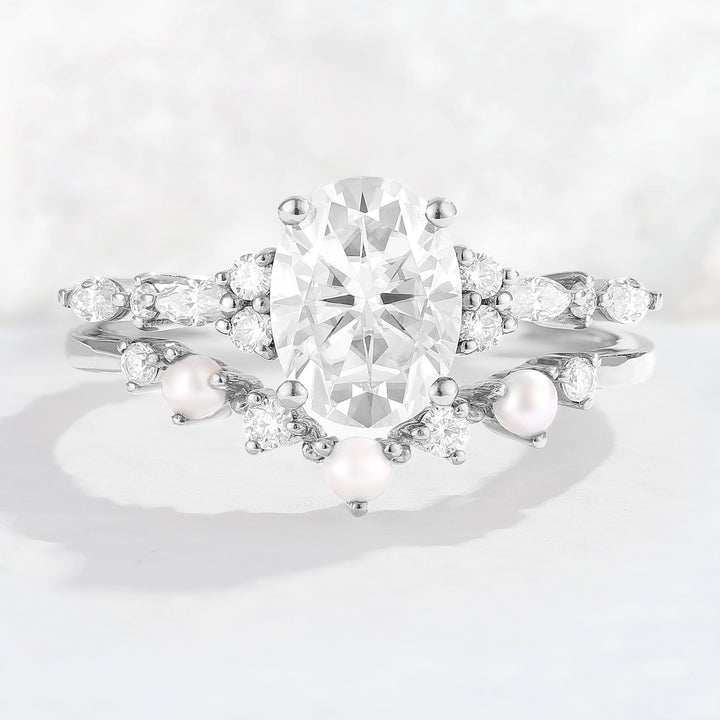 Unique Oval Moissanite Pearl Gemstone Ring Set 2pcs