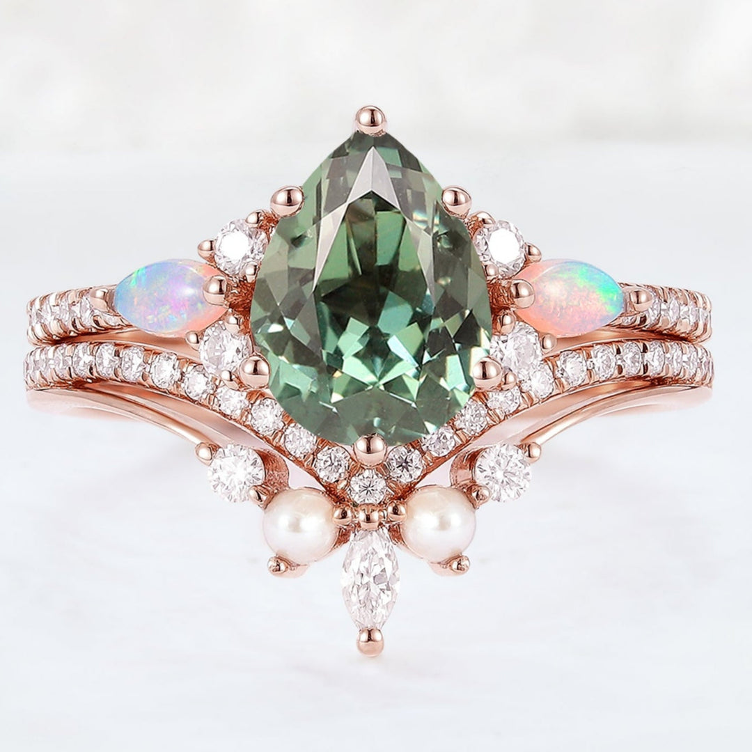 Unique Oval Shape Green Sapphire Seven Stones Ring Set 2pcs