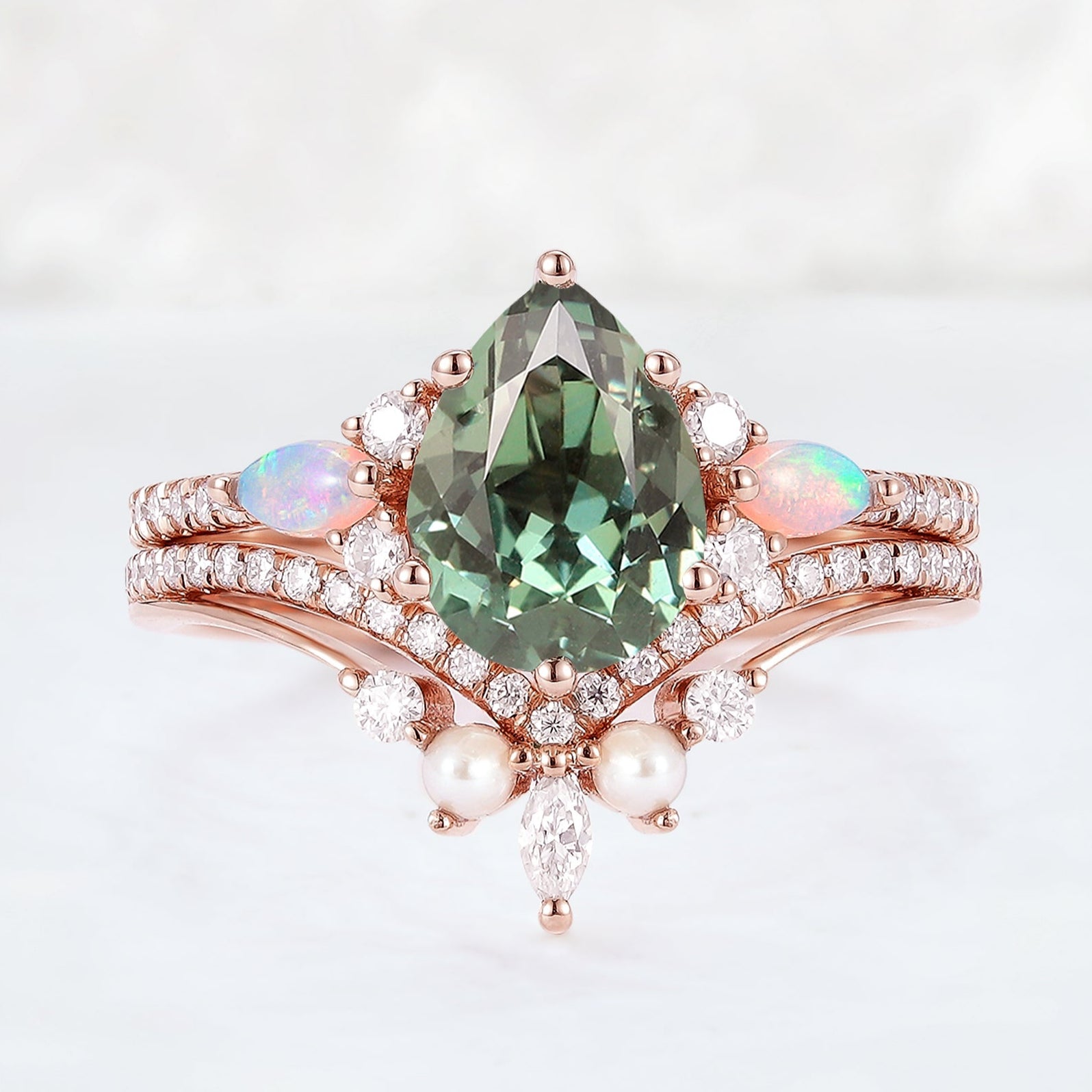 Unique Oval Shape Green Sapphire Seven Stones Ring Set 2pcs