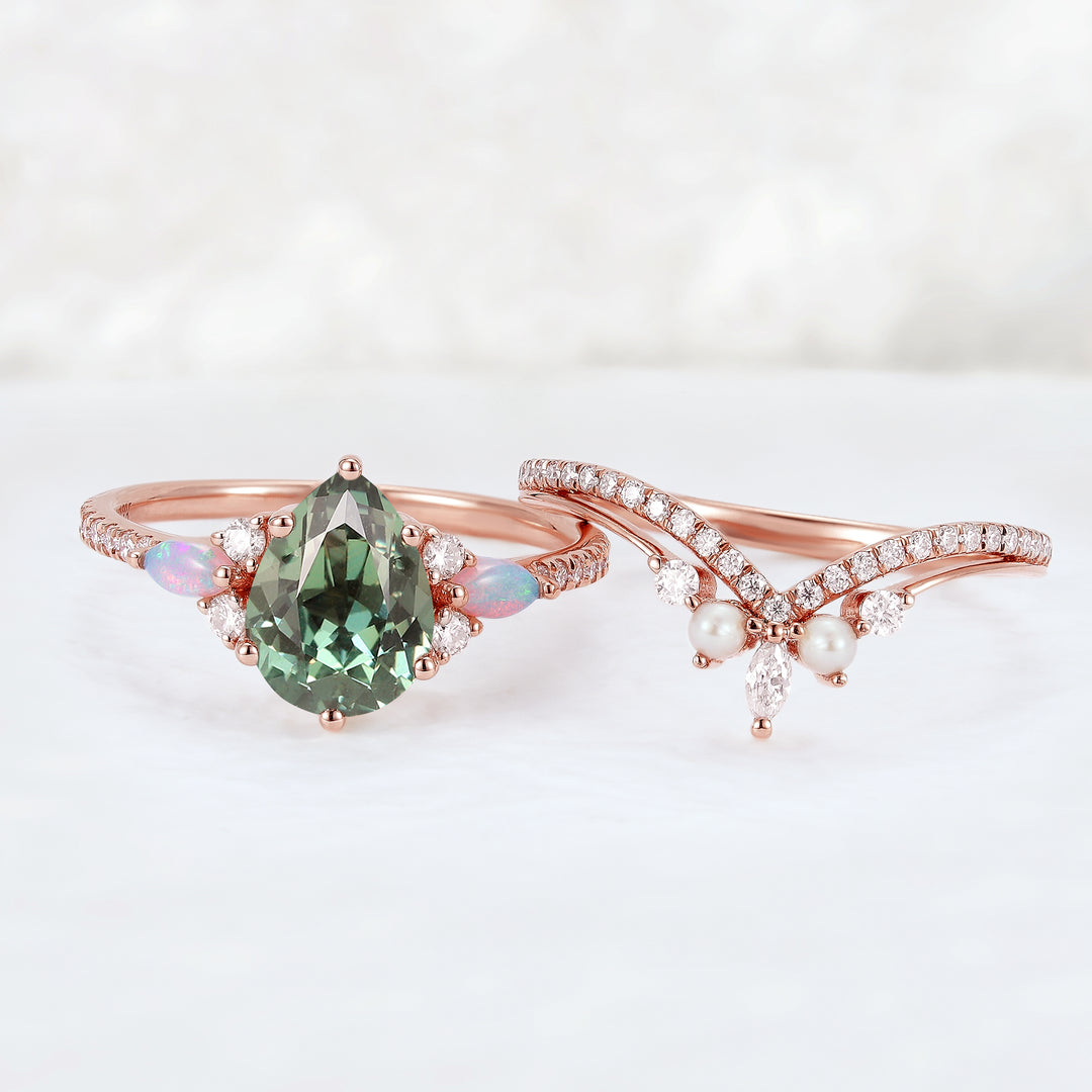 Unique Oval Shape Green Sapphire Seven Gemstones Ring Set 2pcs - Iver Jewelry