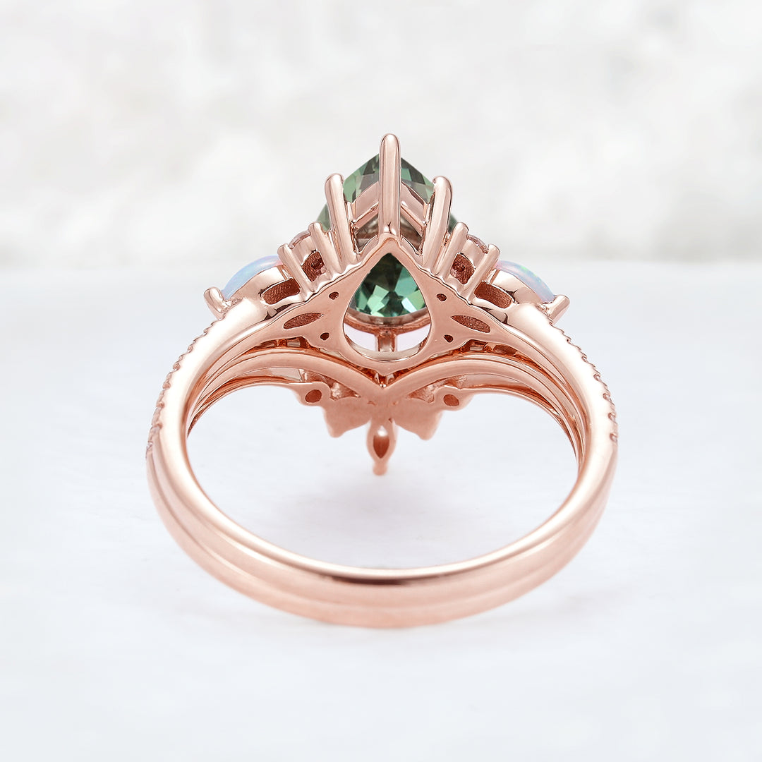 Unique Oval Shape Green Sapphire Seven Gemstones Ring Set 2pcs - Iver Jewelry
