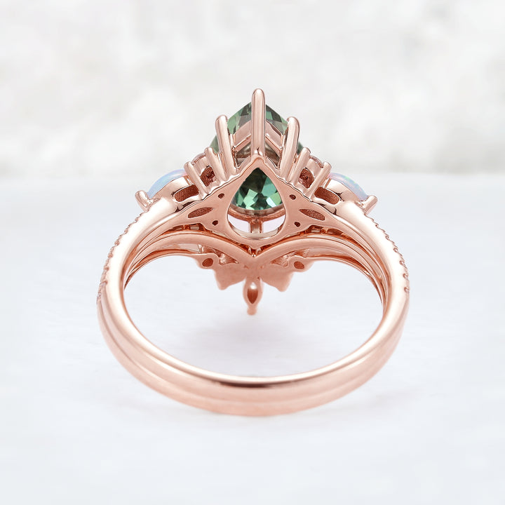 Unique Oval Shape Green Sapphire Seven Gemstones Ring Set 2pcs - Iver Jewelry